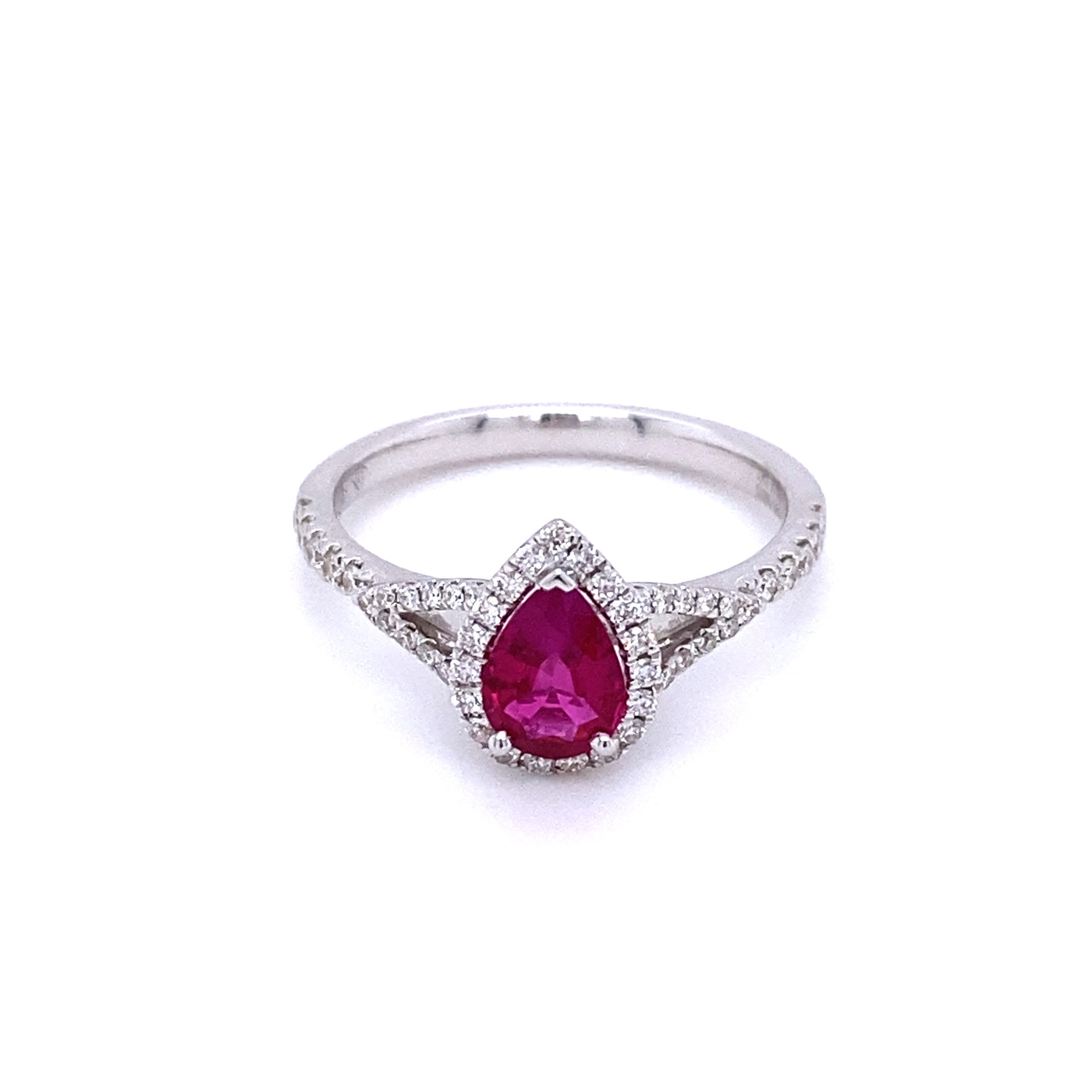 18KW Pear Cut Ruby with Diamond Halo Ring