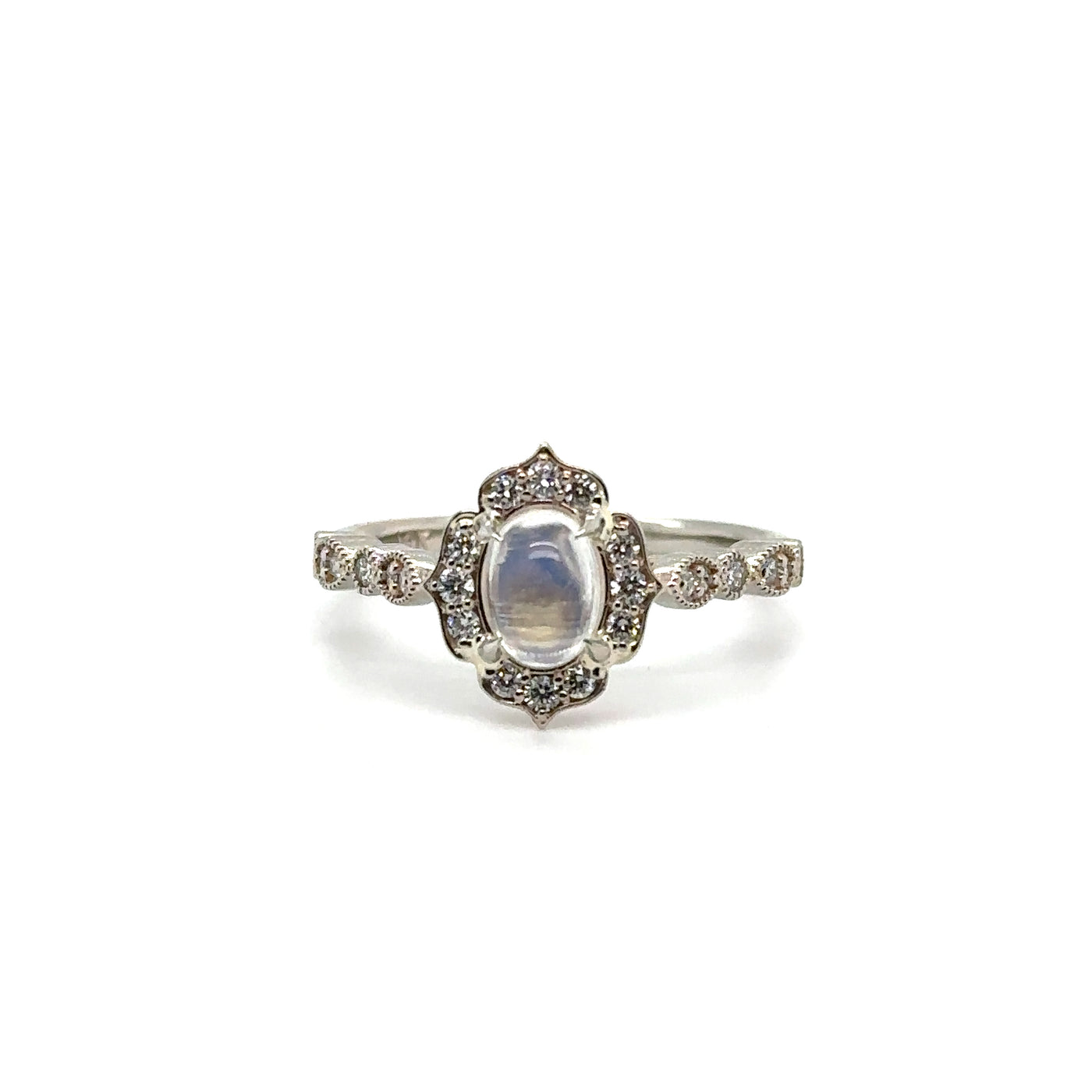 RS 14KW Oval Moonstone & Diamond Lotus Ring