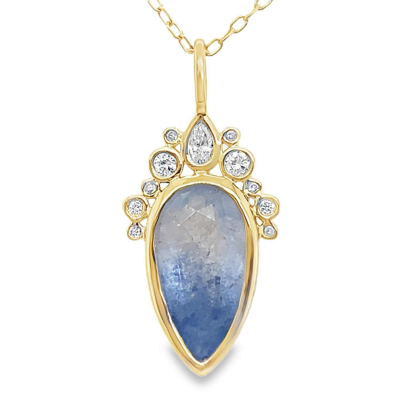 18K Yellow Gold 2.14ct Dumortierite Quartz & Diamond "Uncommon Halo" Pendant