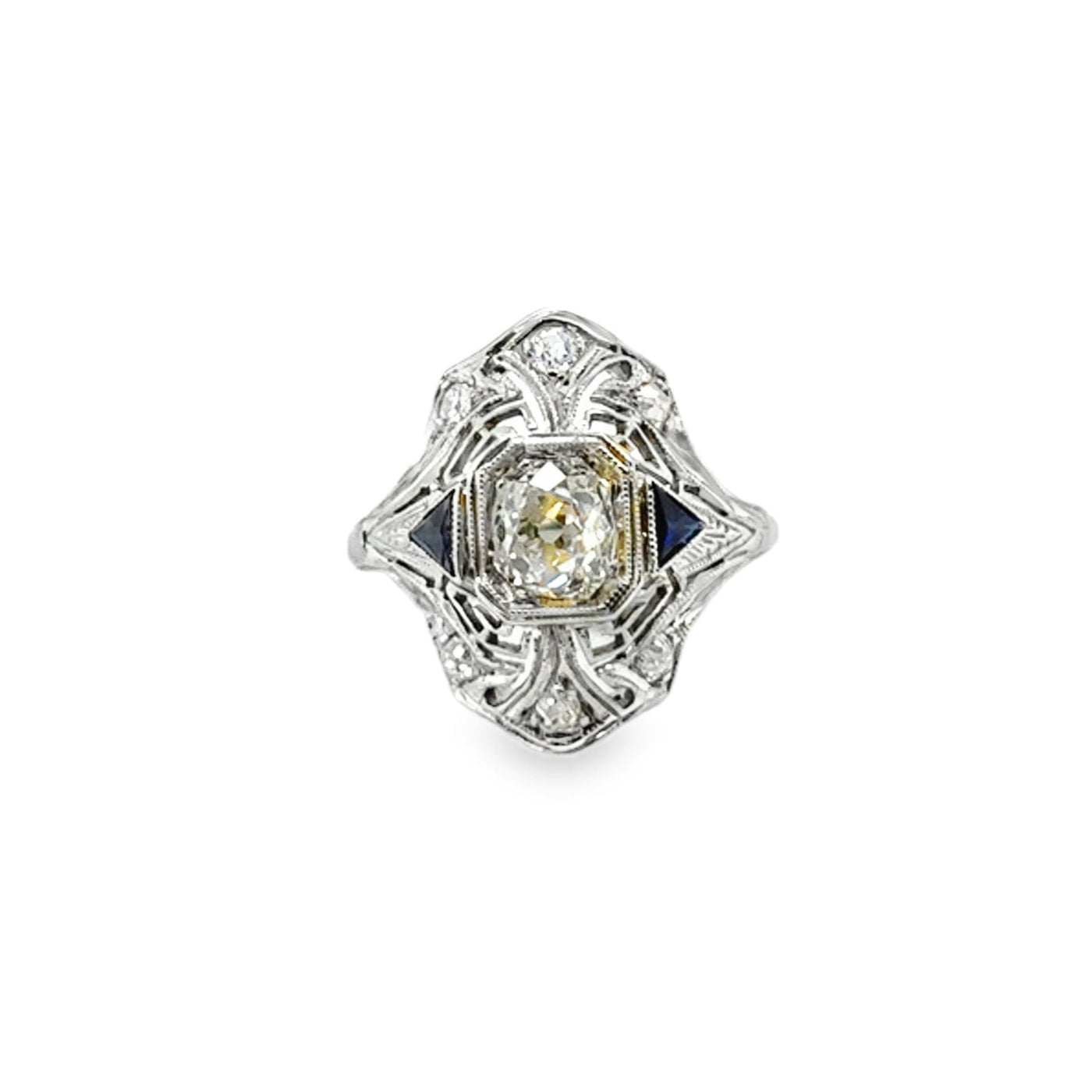 Platinum Old Mine Cut &  Sapphire Trillion Ring