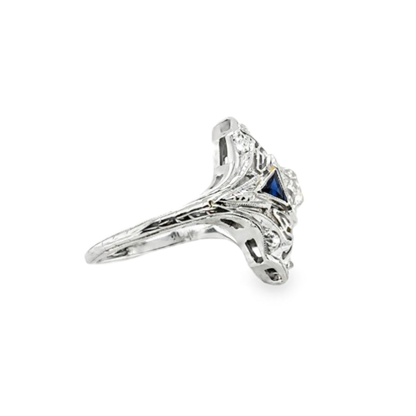 Platinum Old Mine Cut &  Sapphire Trillion Ring