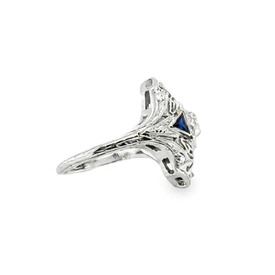 Platinum Old Mine Cut &  Sapphire Trillion Ring