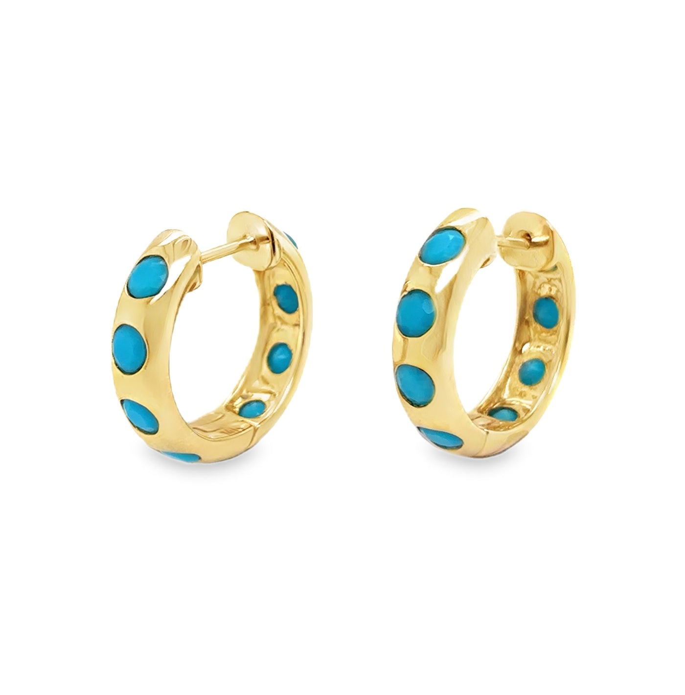 14KY Round Turquoise Cabochons Inlay Hoop Earrings