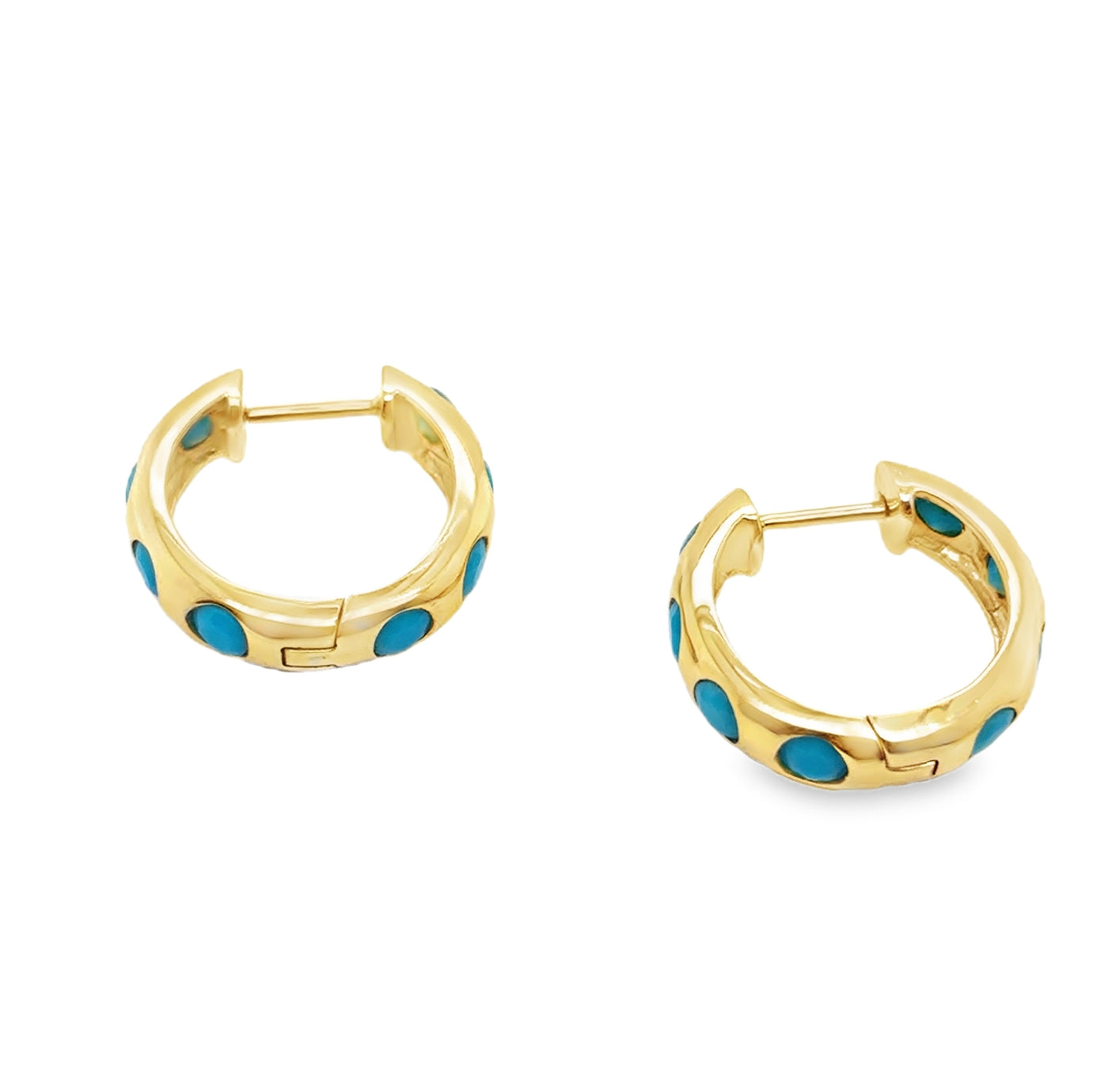 14KY Round Turquoise Cabochons Inlay Hoop Earrings