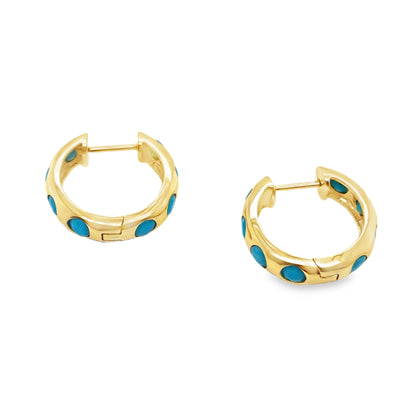 14KY Round Turquoise Cabochons Inlay Hoop Earrings