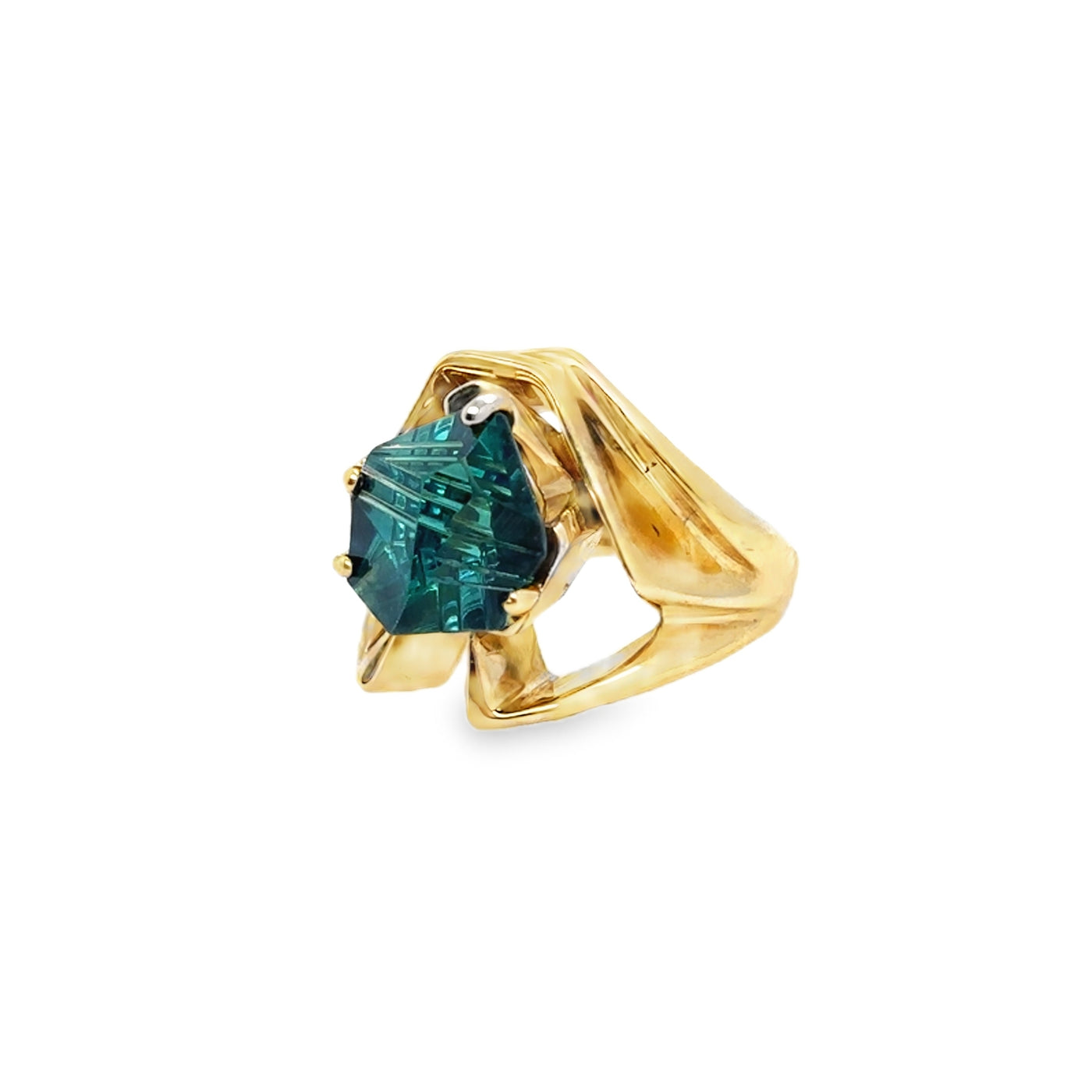 14KY Fantasy Cut Bluish Green Tourmaline Ring