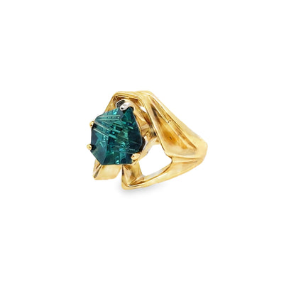 14KY Fantasy Cut Bluish Green Tourmaline Ring
