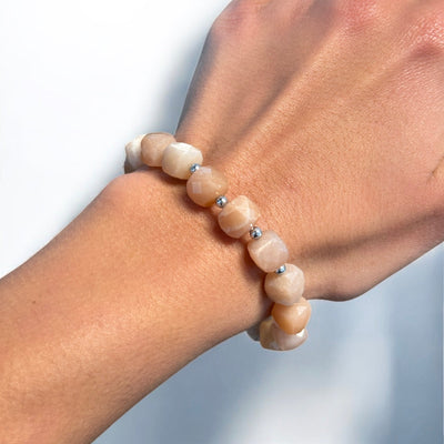 8x8mm Cubed Beaded Sunstone & 3mm Hematite Stretch Bracelet