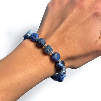 8x8mm Cubed Beaded Sodalite & 3mm Hematite Stretch Bracelet