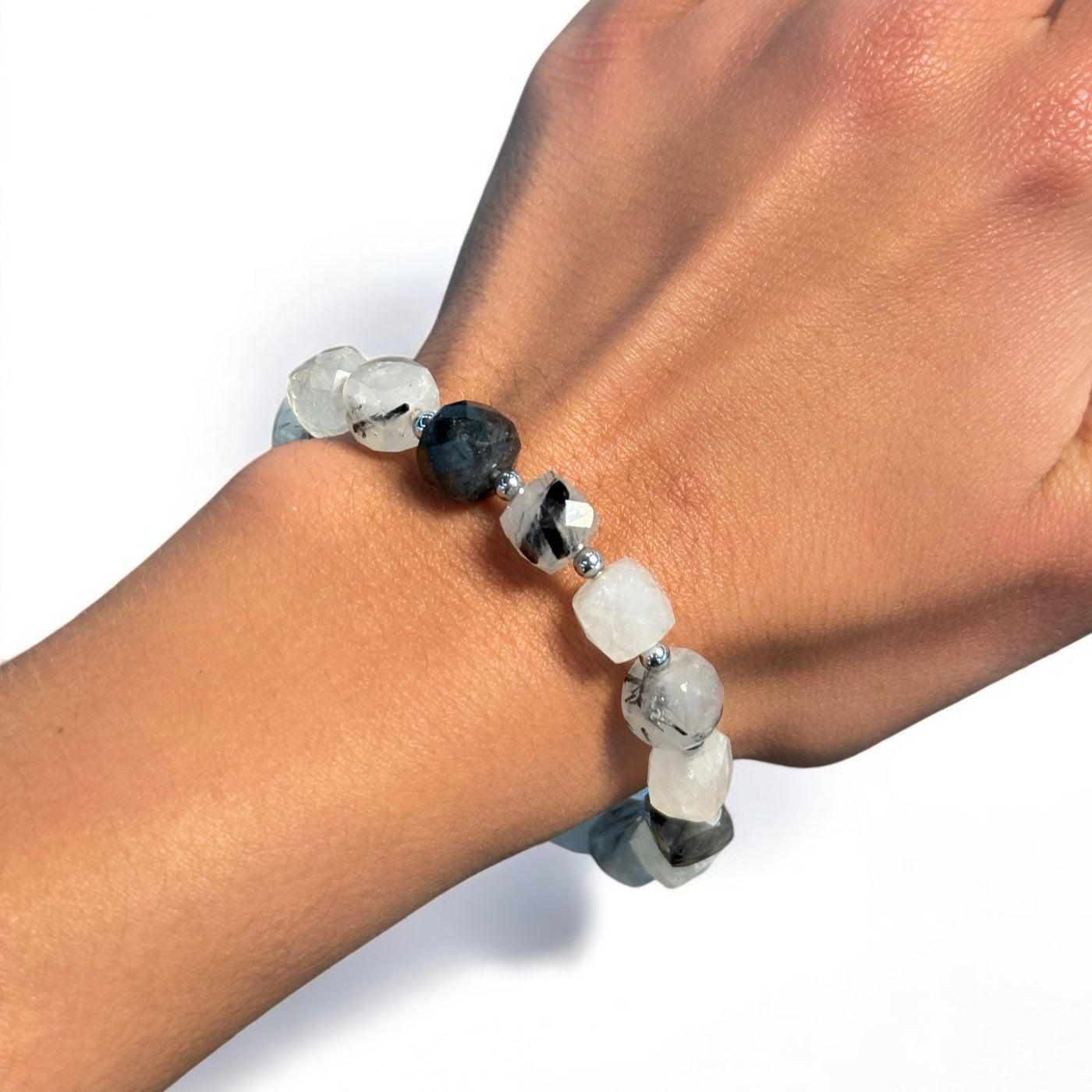 8x8mm Cubed Beaded Black Rutilated Quartz & 3mm Hematite Stretch Bracelet