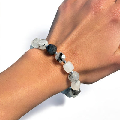 8x8mm Cubed Beaded Black Rutilated Quartz & 3mm Hematite Stretch Bracelet