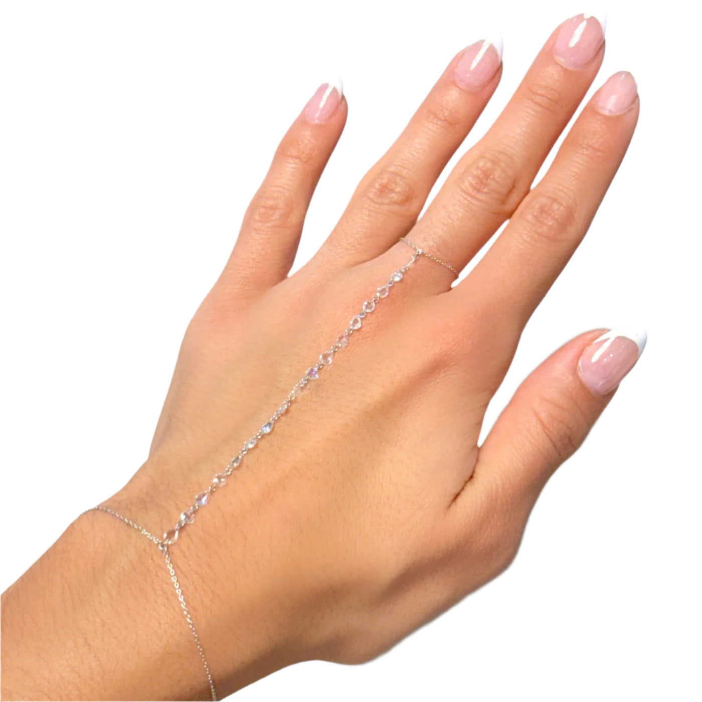 Hand wearing a delicate silver bracelet on a white background