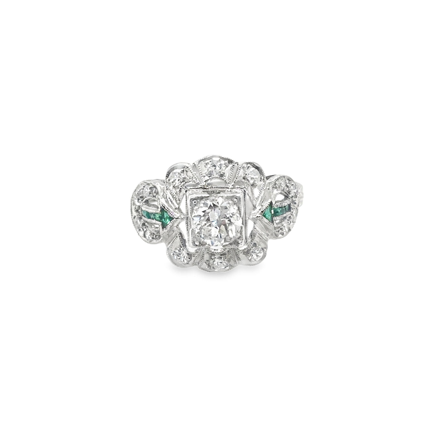 Platinum Art Deco Old European Cut Diamond & Emerald Ring