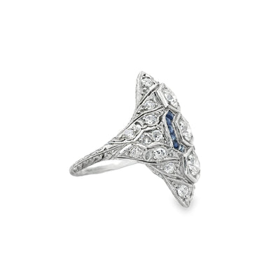 Platinum 3-Stone Diamond & Sapphire Art Deco Ring