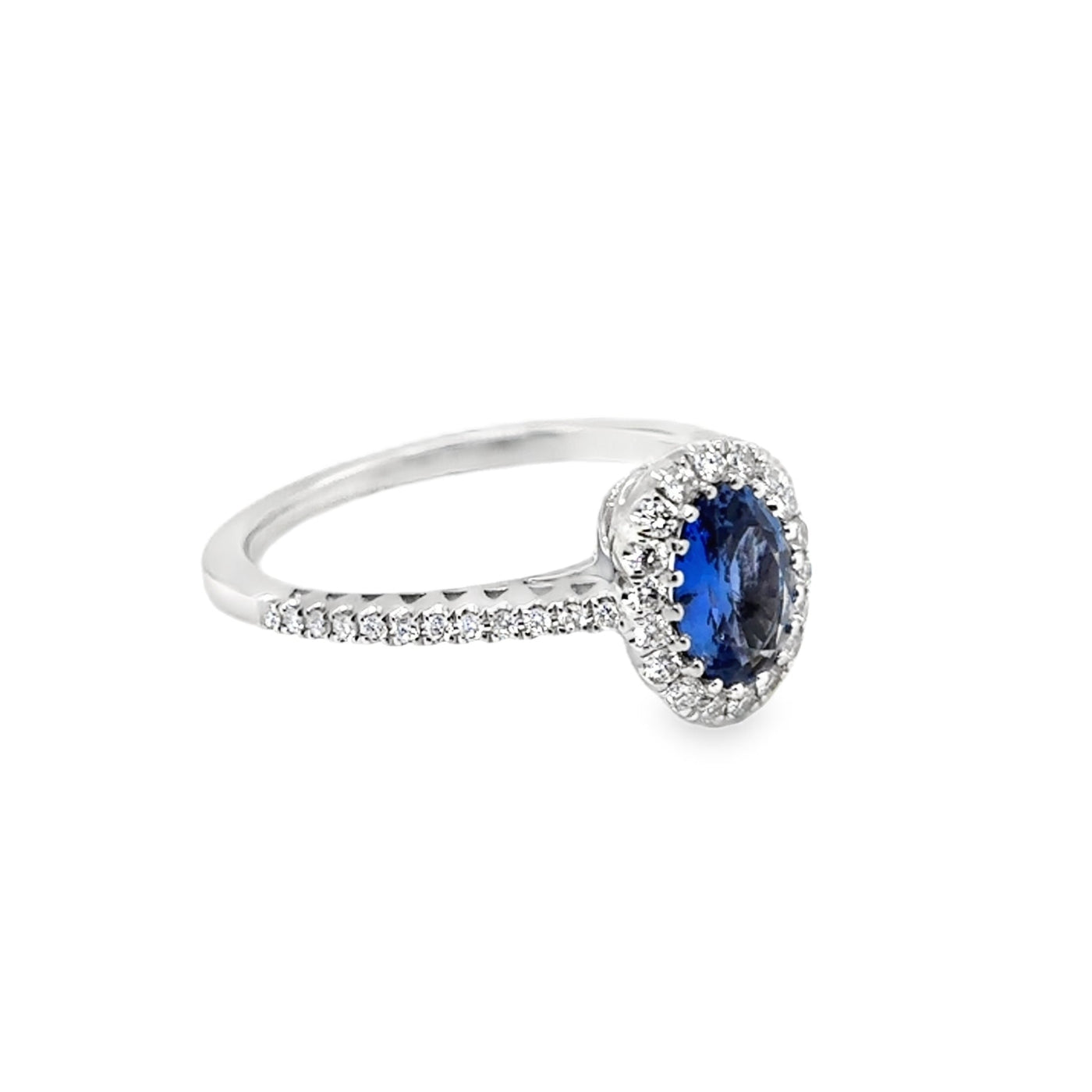 18KW Oval Blue Sapphire Diamond Halo Ring