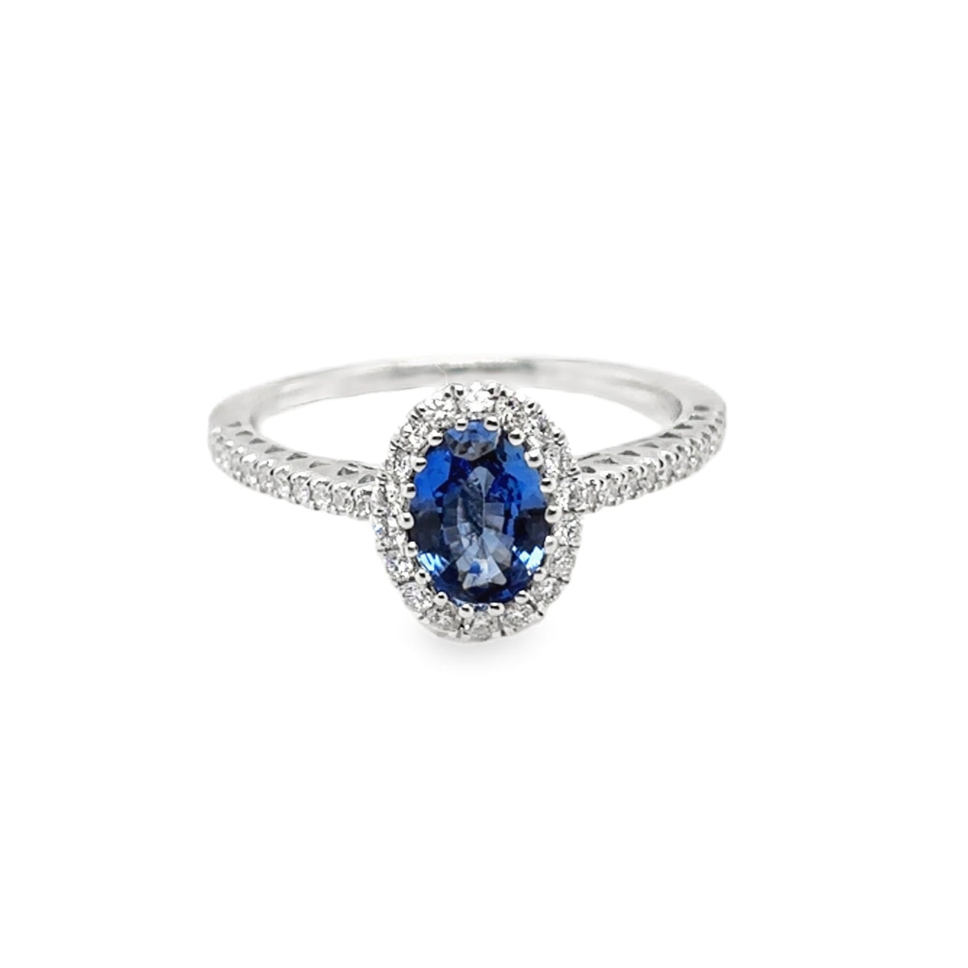 18KW Oval Blue Sapphire Diamond Halo Ring