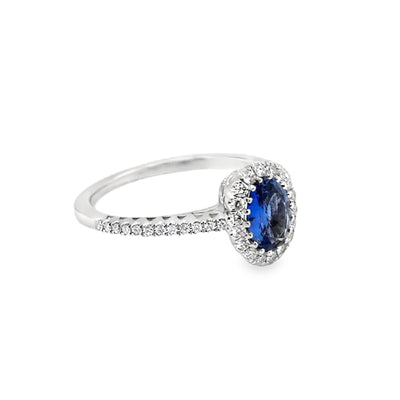 18KW Oval Blue Sapphire Diamond Halo Ring