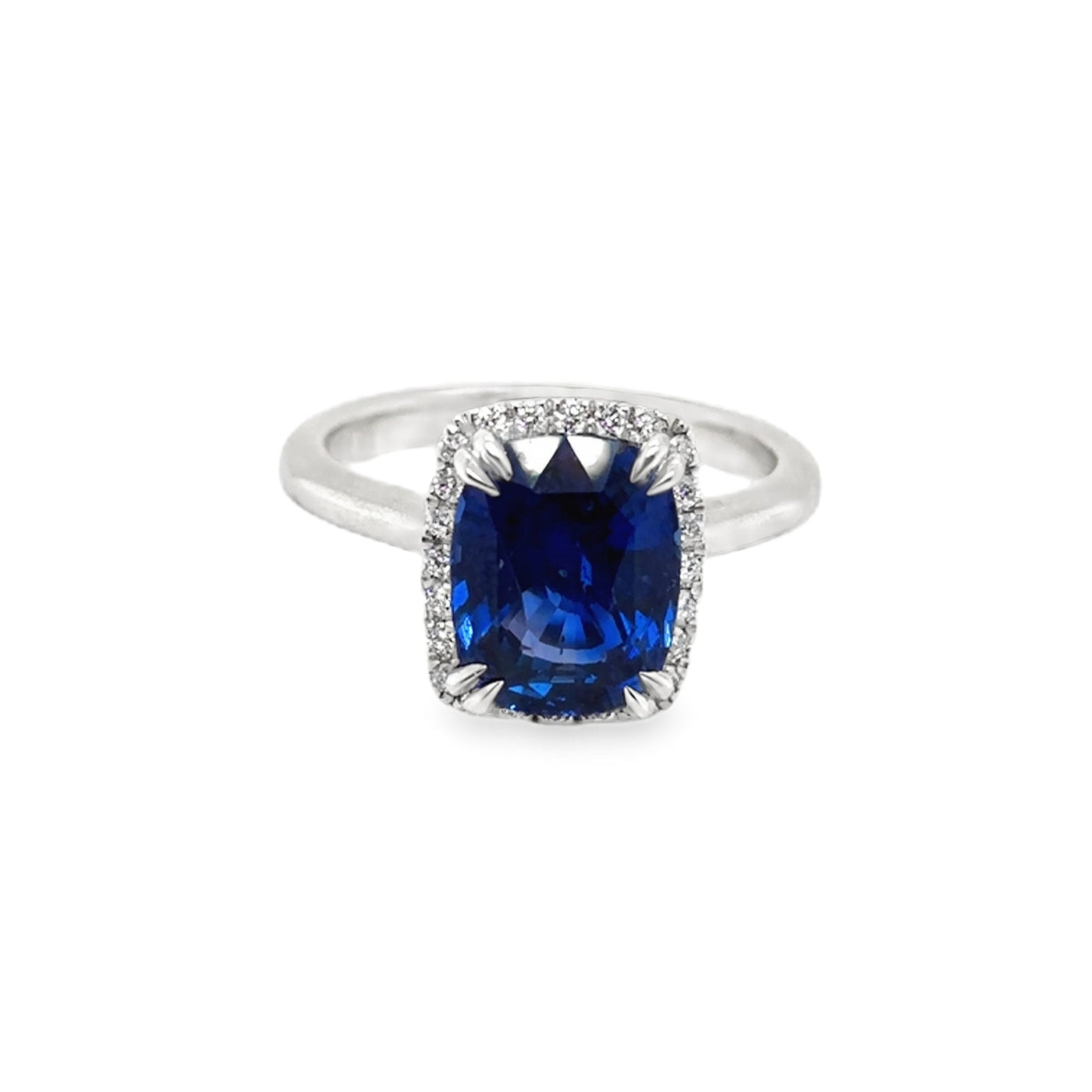RS Platinum Royal Blue Madagascar Cushion-Cut Sapphire and Diamond Halo Ring