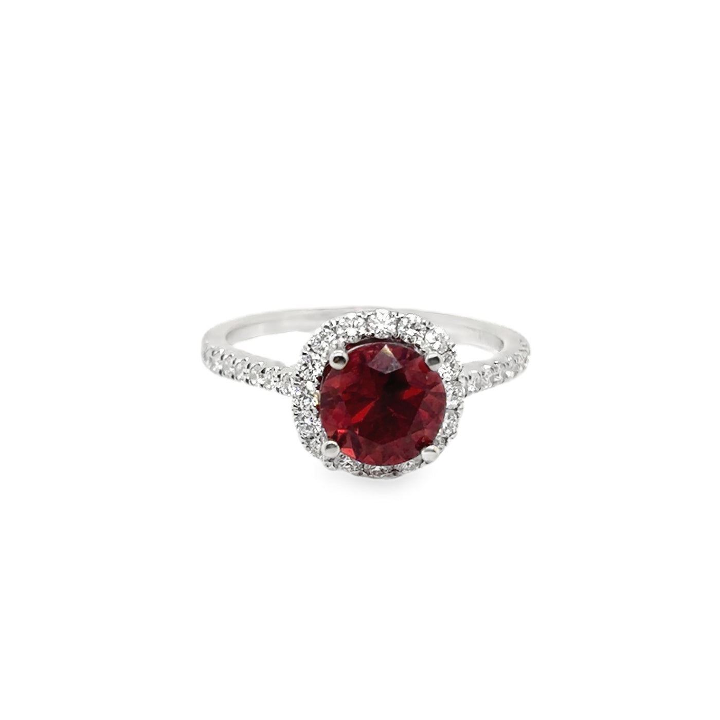 RS 14KW "Irene" Garnet & Diamond Halo Ring