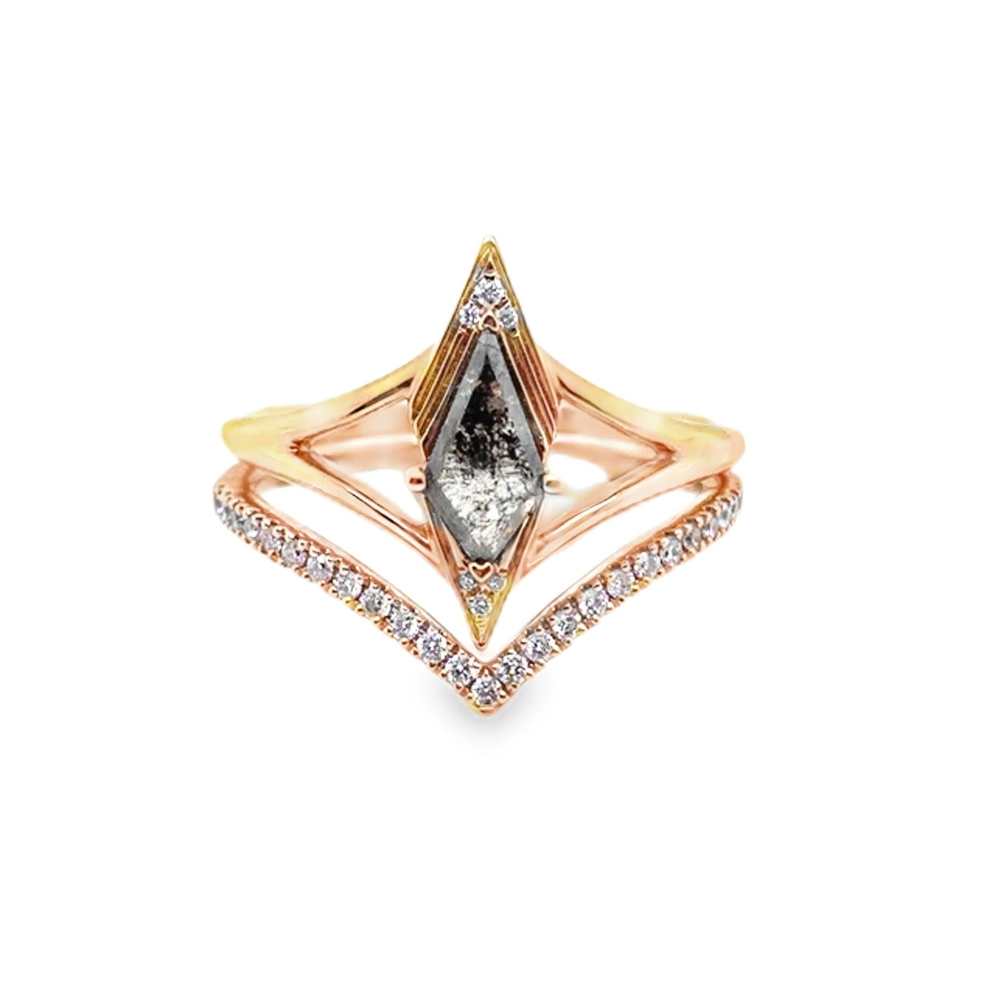 Rose gold ring with a central diamond on a white background