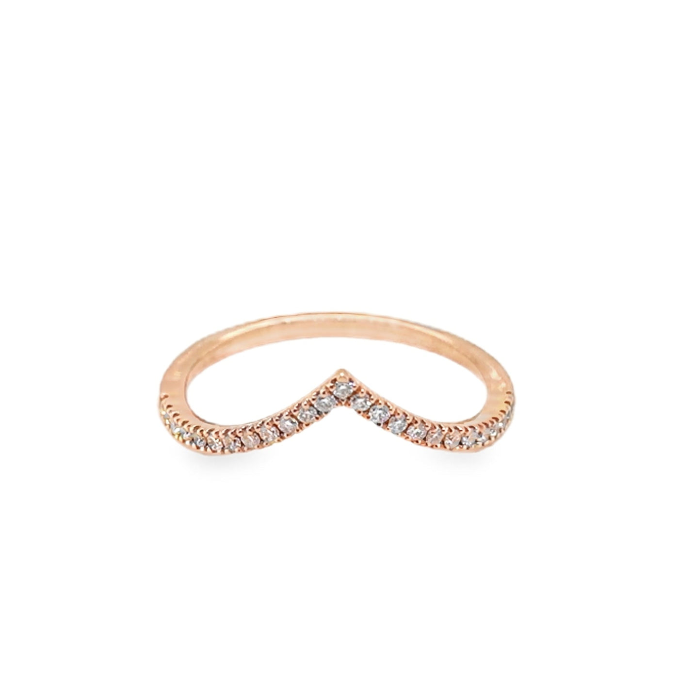 Rose gold ring with small diamonds on a white background