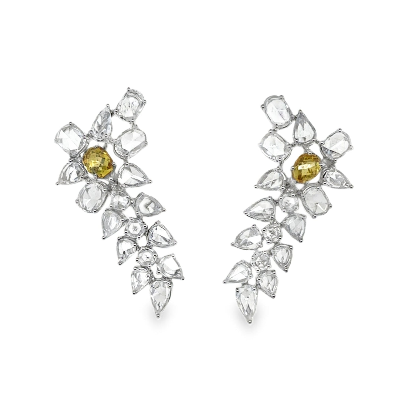 Pair of earrings with clear and yellow gemstones on a white background