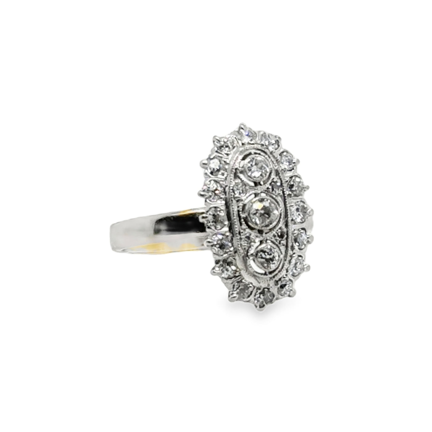 Platinum Elongated Vintage Diamond Burst Halo Ring