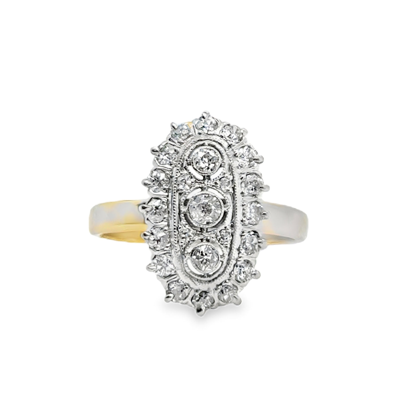 Platinum Elongated Vintage Diamond Burst Halo Ring
