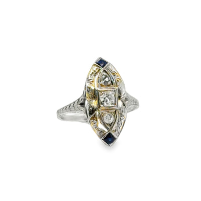 18KW Vintage Diamond & Blue Sapphire Ring