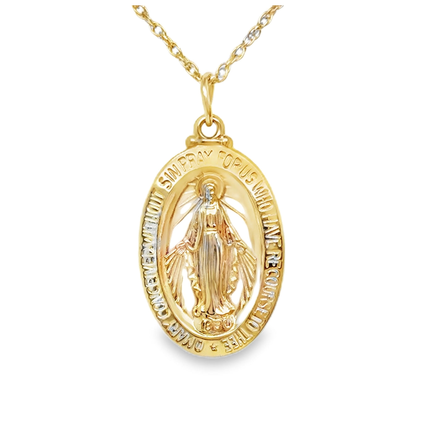 14KY Miraculous Medal Oval Halo Charm Pendant