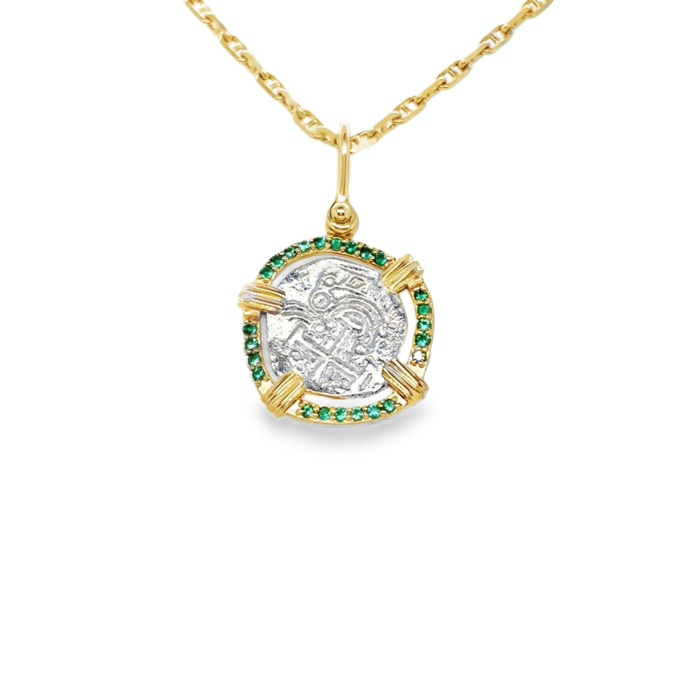 14K/SS Emerald Halo Atocha Pendant
