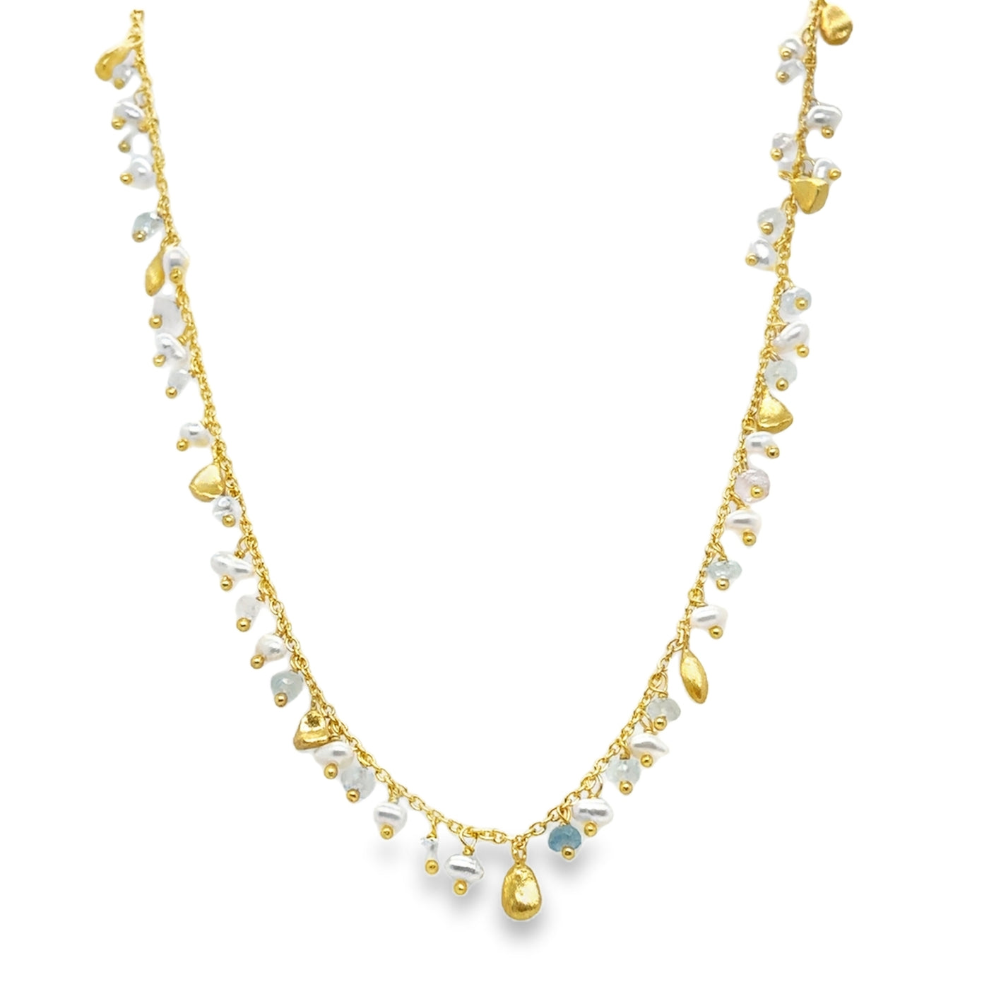 925 YGP Aquamarine & Pearl Beaded Shaker Necklace