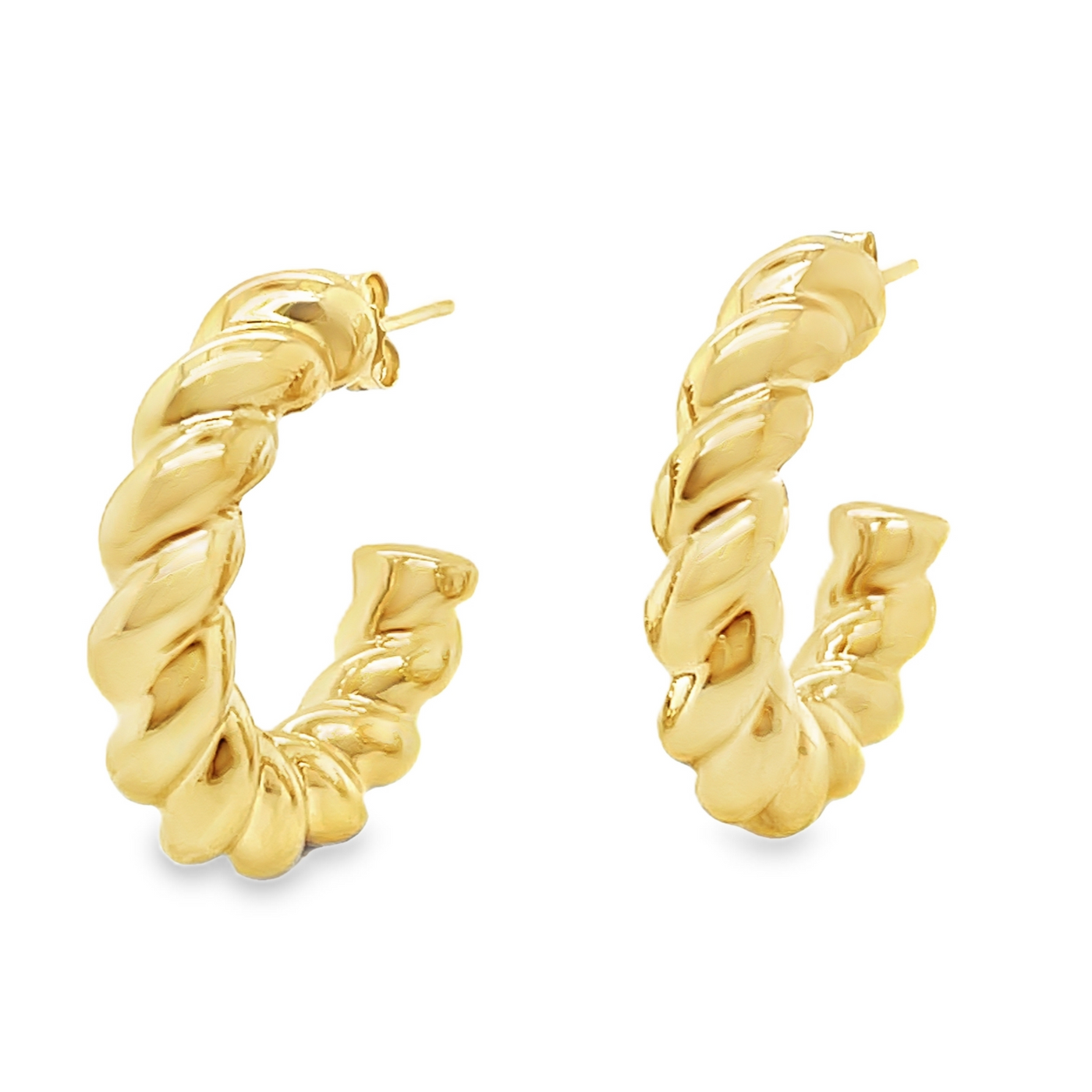 14KY Round Textured Twist Open Hoop Earrings