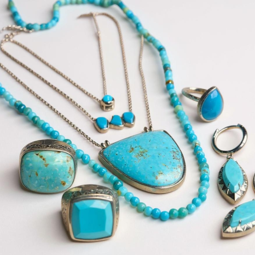 Turquoise jewelry set including necklaces, pendants, and earrings on a white background