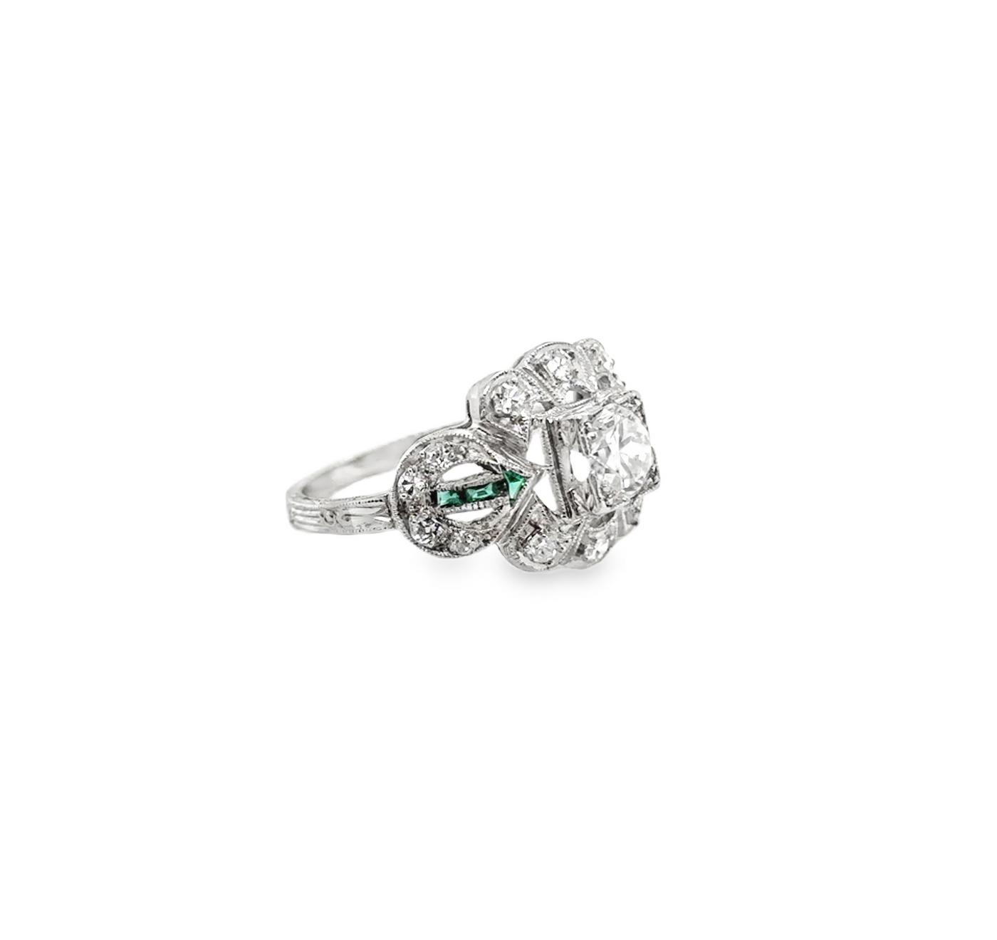 Platinum Art Deco Old European Cut Diamond & Emerald Ring